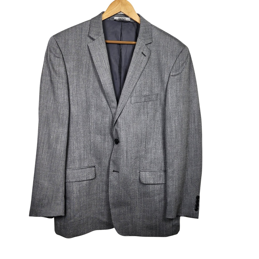 DKNY Herringbone Blazer Jacket Mens 46L Gray Wool Sport Coat Preppy Office Work